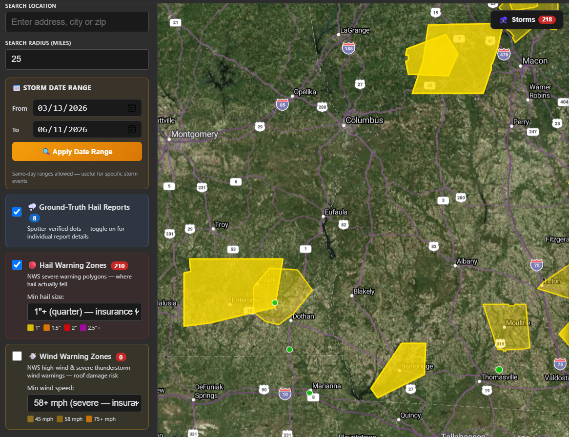 BetterRoofingPro storm prospecting hail map